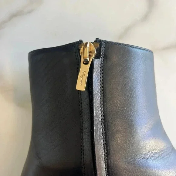 Salvatore Ferragamo | Atri Logo Gold Chain Leather Bootie - Black / Sz 9.5 - Picture 10 of 12